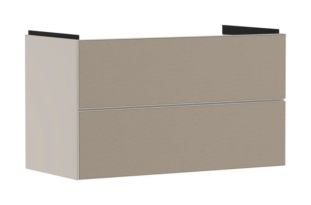 Helle, matte Waschtischunterschrank von Hansgrohe mit zwei Schubkästen, rechteckige Form und schlichte Frontgestaltung in Sandbeige.